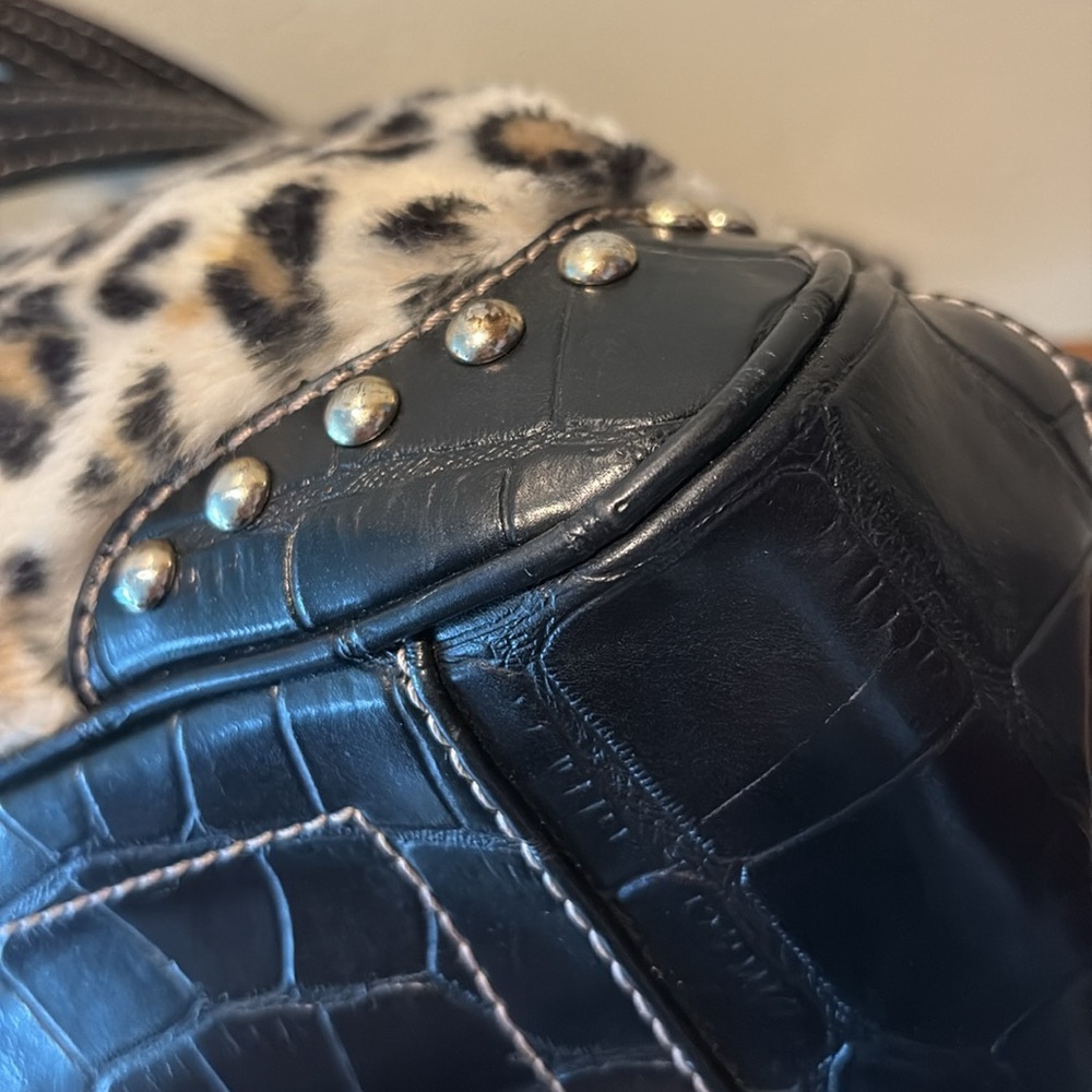 Kathy Van Zeeland   Leopard Faux fur shoulder bag  Croc leather trim 3 compartme - Picture 11 of 17